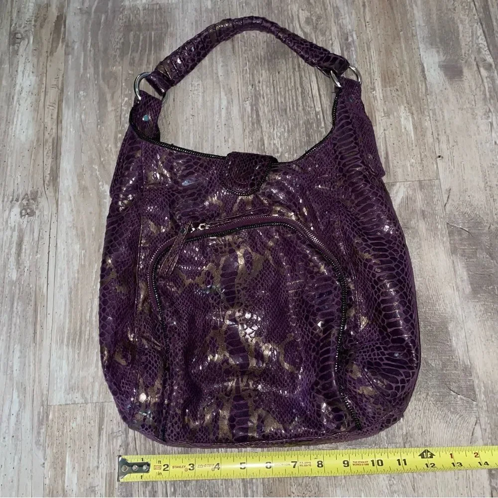 MARK bag by Avon snakeskin purple metallic pattern twisted short drop handle EUC